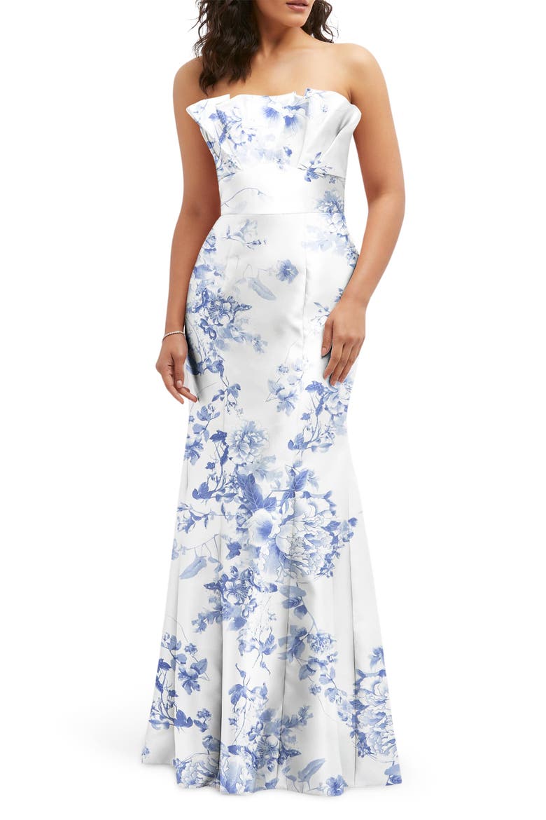 Floral Ruffle Strapless Trumpet Gown, Main, color, COTTAGE ROSE-LARKSPUR PRINT