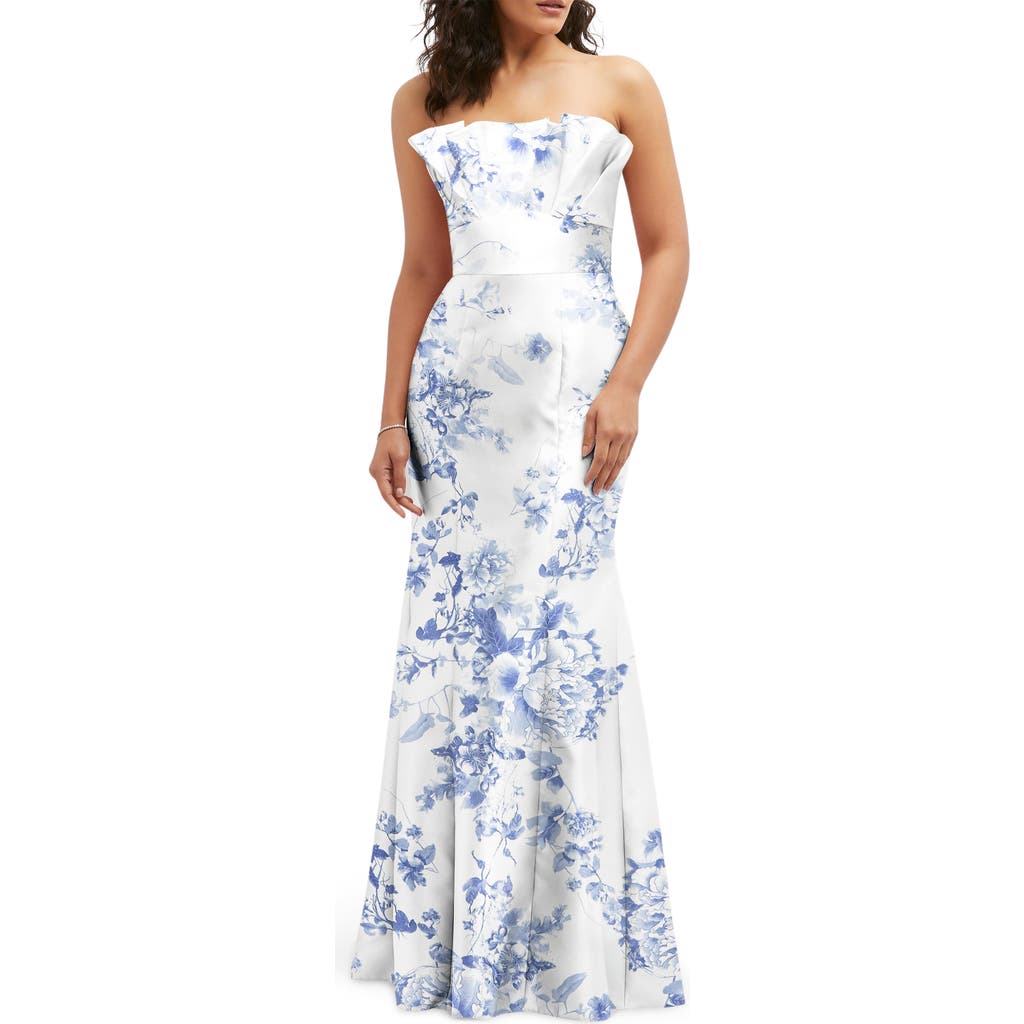 Alfred Sung Floral Ruffle Strapless Trumpet Gown in Cottage Rose-Larkspur Print