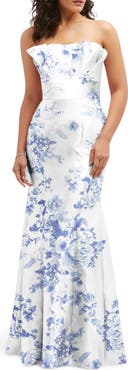 Alfred Sung Floral Ruffle Strapless Trumpet Gown