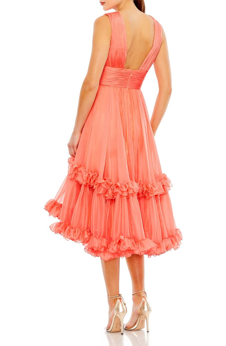 Mac Duggal Sleeveless Deep V Neck Ruffle Tiered Chiffon Dress, Alternate, color, Coral