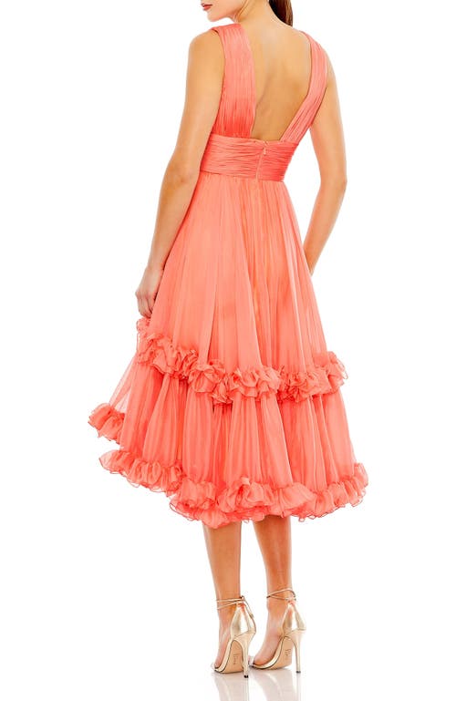 Mac Duggal Plunge Neck Tiered High-low Cocktail Dress In Coral