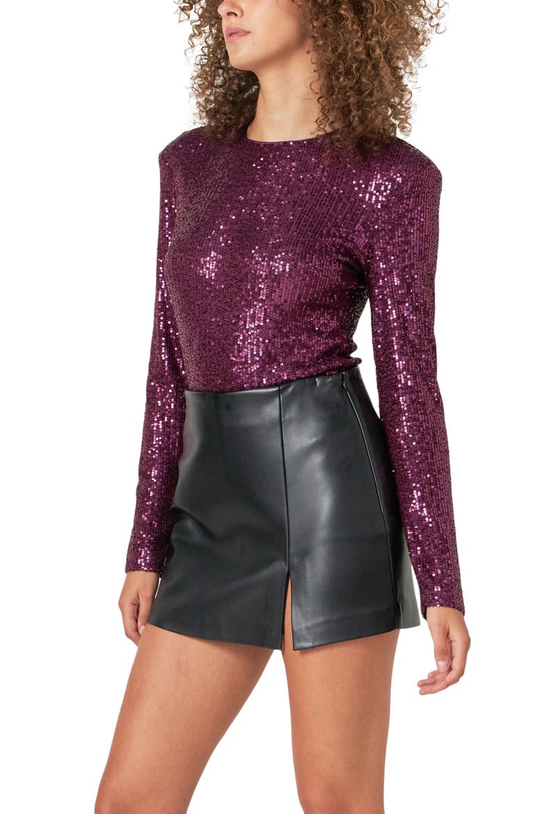 Sequin Long Sleeve Bodysuit, Alternate, color, PURPLE