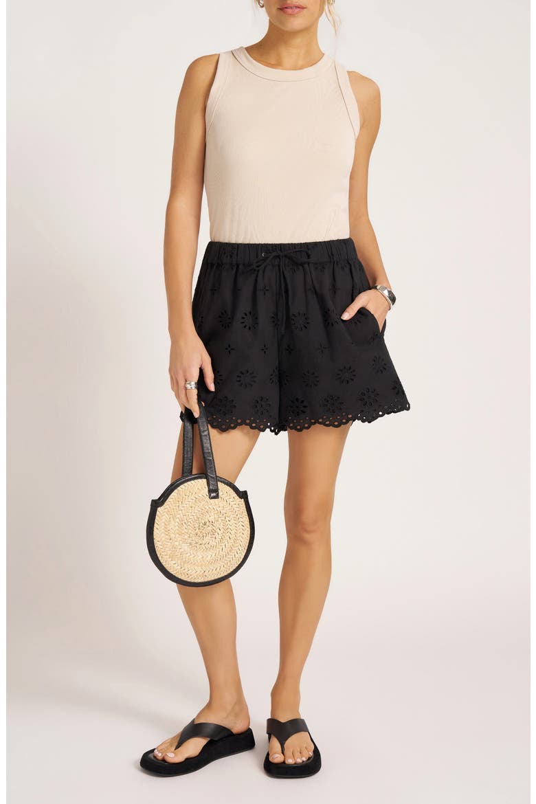 Nala Scalloped Eyelet Cotton Shorts, Alternate, color, BLACK