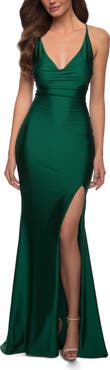 La Femme V Neck Jersey Fitted Prom Dress with Tie Up Back