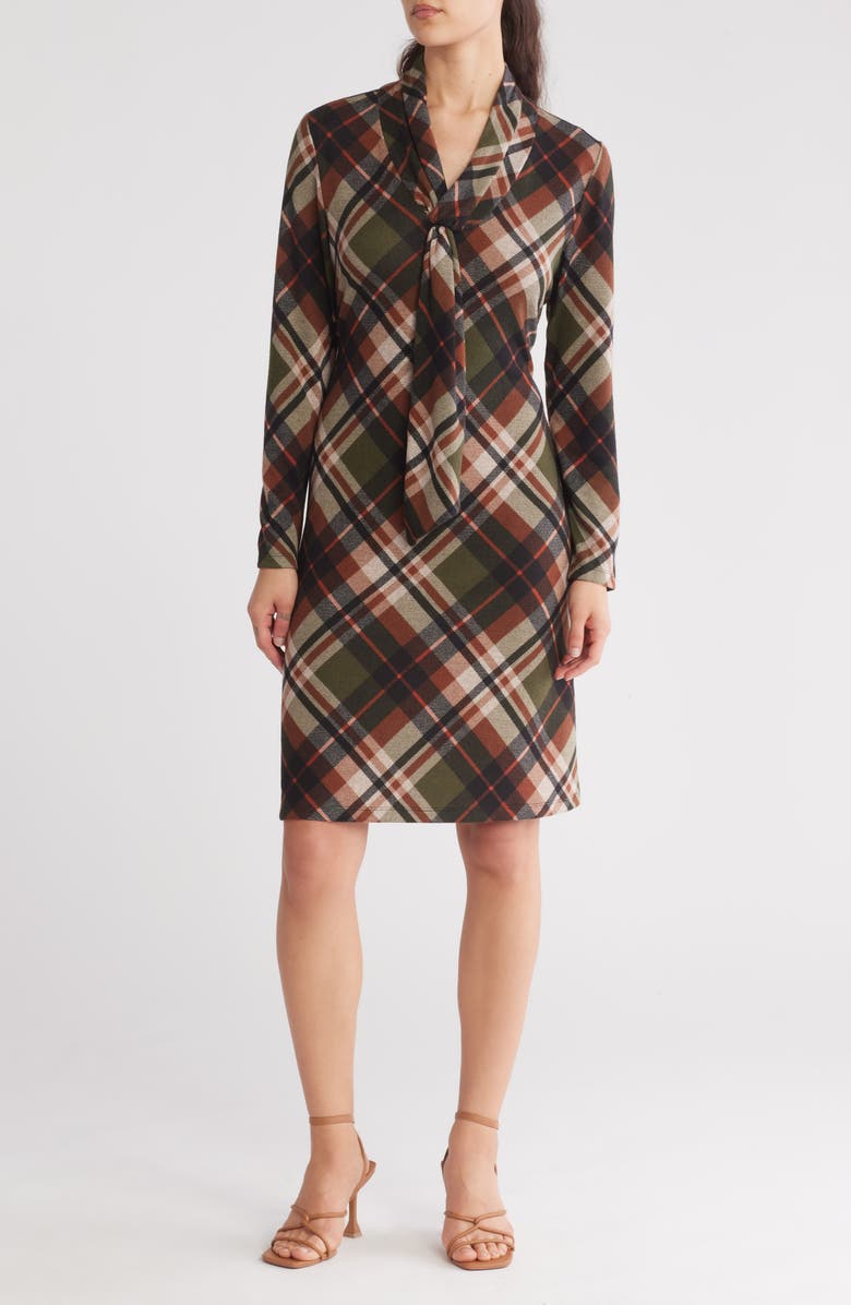 Connected Apparel Tie Neck Long Sleeve Dress, Main, color, Olive