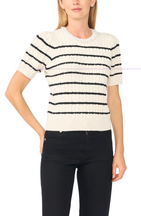 Stripe Cable Knit Short Sleeve Sweater