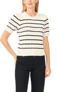 CeCe Stripe Cable Knit Short Sleeve Sweater