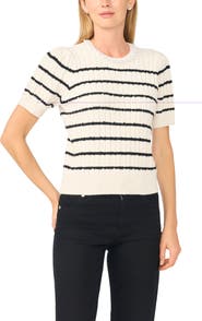 CeCe Stripe Cable Knit Short Sleeve Sweater
