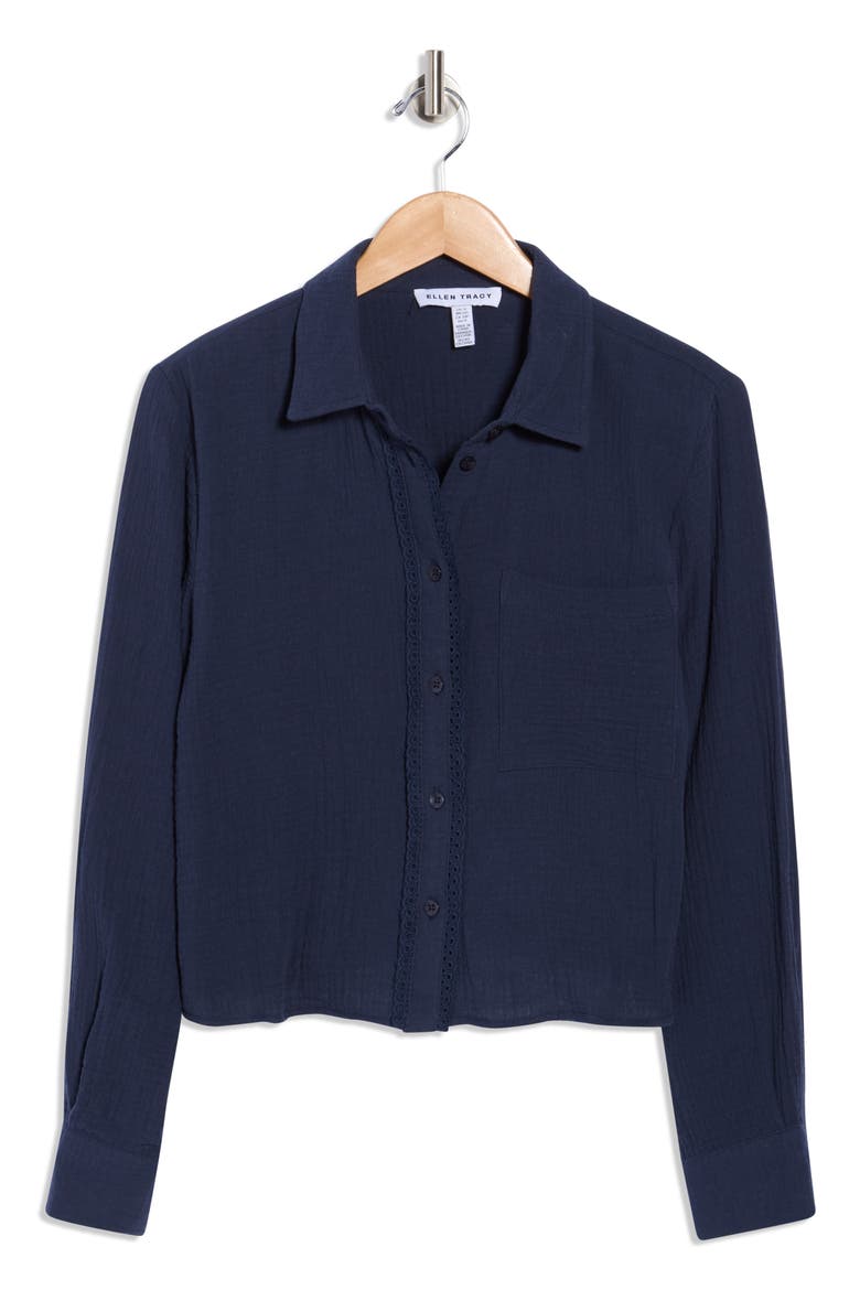 Cotton Gauze Button-Up Shirt, Alternate, color, NAVY