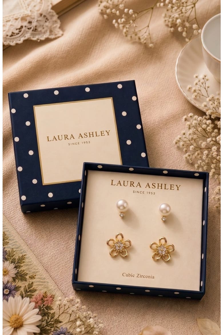 Set of 2 Flower Stud Earrings, Alternate, color, CLEAR/ GOLD
