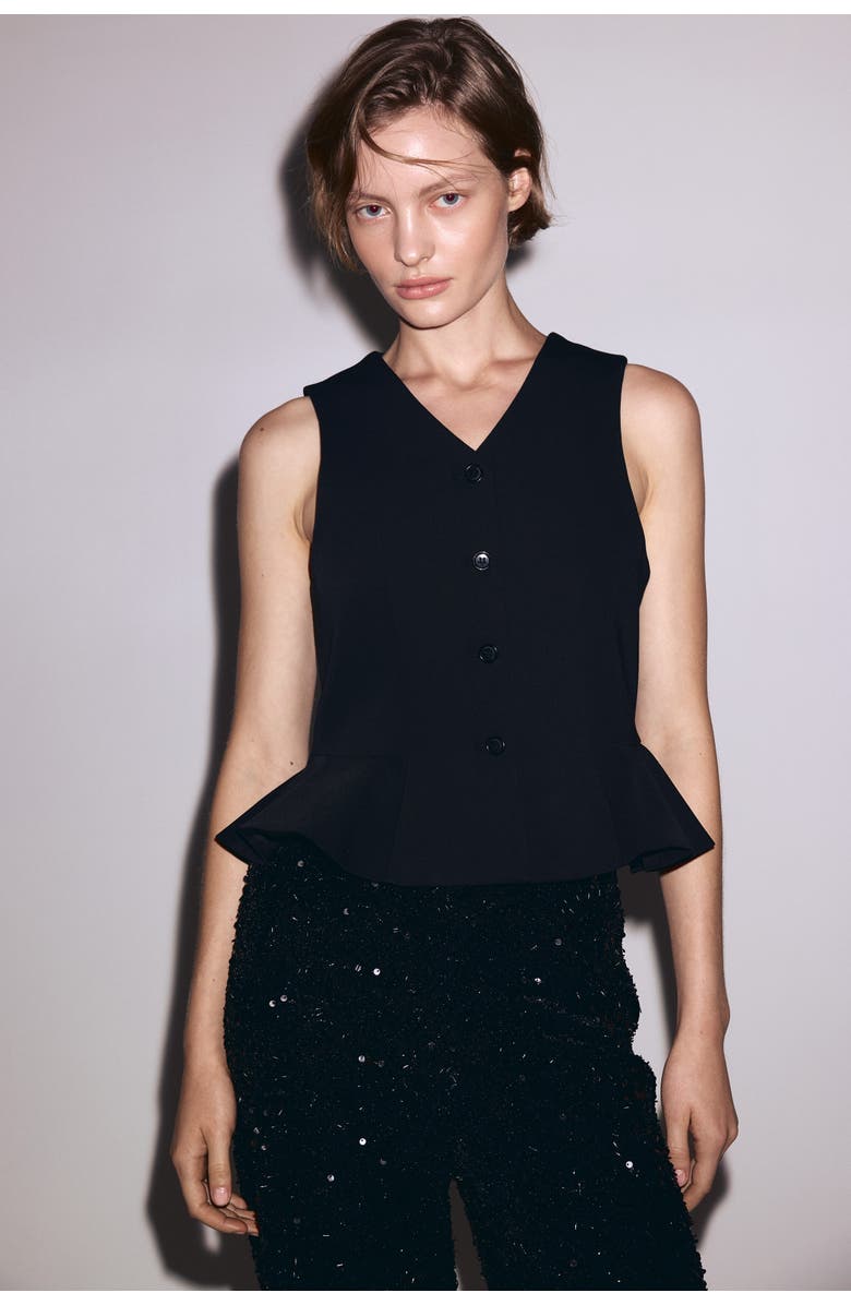 H&M V-neck Peplum Waistcoat, Alternate, color, Black