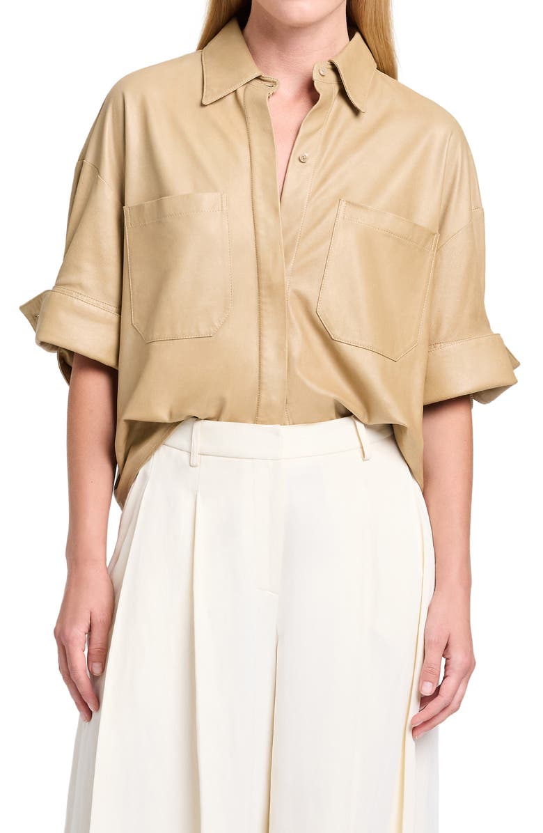 TWP My Newest Mistake Leather Button-Up Shirt, Main, color, British Khaki