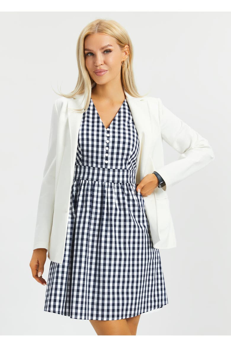 Gingham Fit and Flare Dress, Alternate, color, Navy