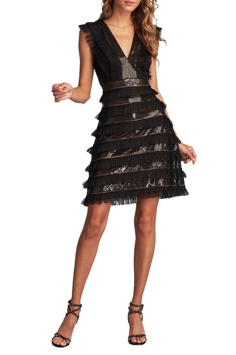 Sequin Ruffle Sleeveless Cocktail Dress, Main, color, BLACK