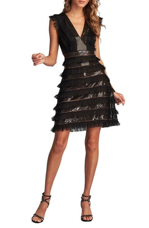 Sequin Ruffle Sleeveless Cocktail Dress