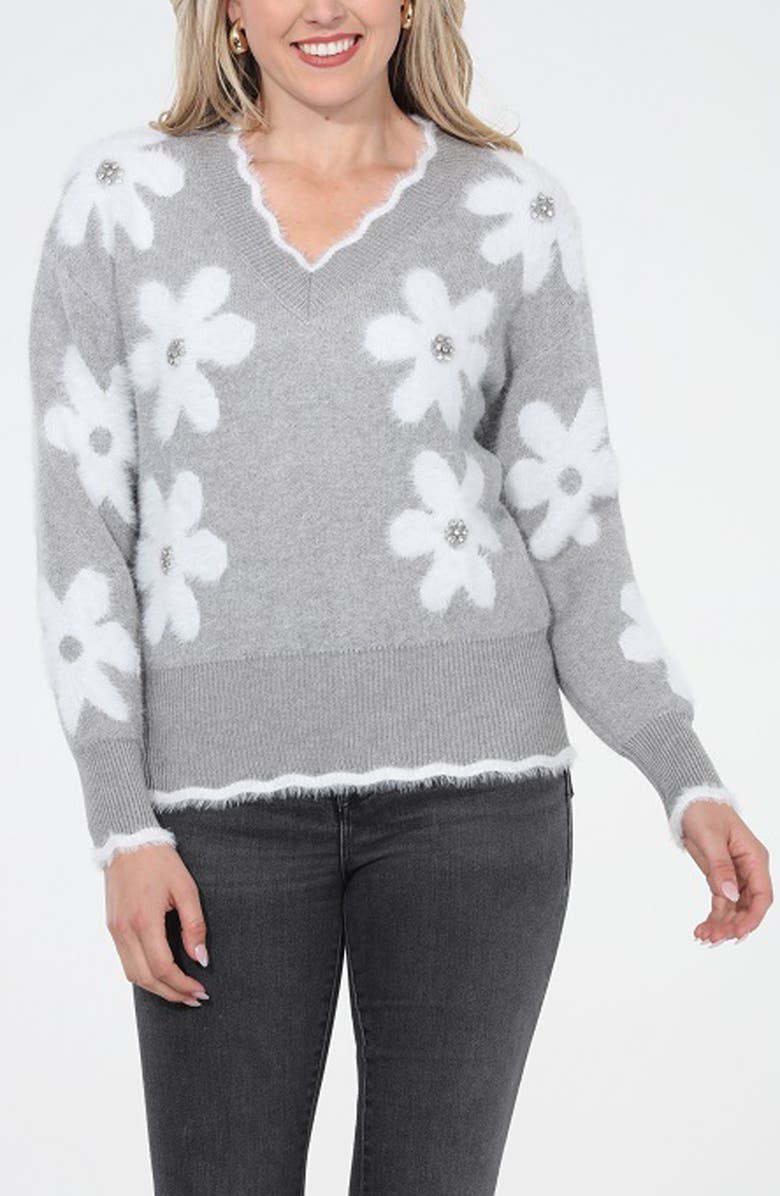RAIN AND ROSE Rhinestone Embellished V-Neck Sweater, Main, color, 