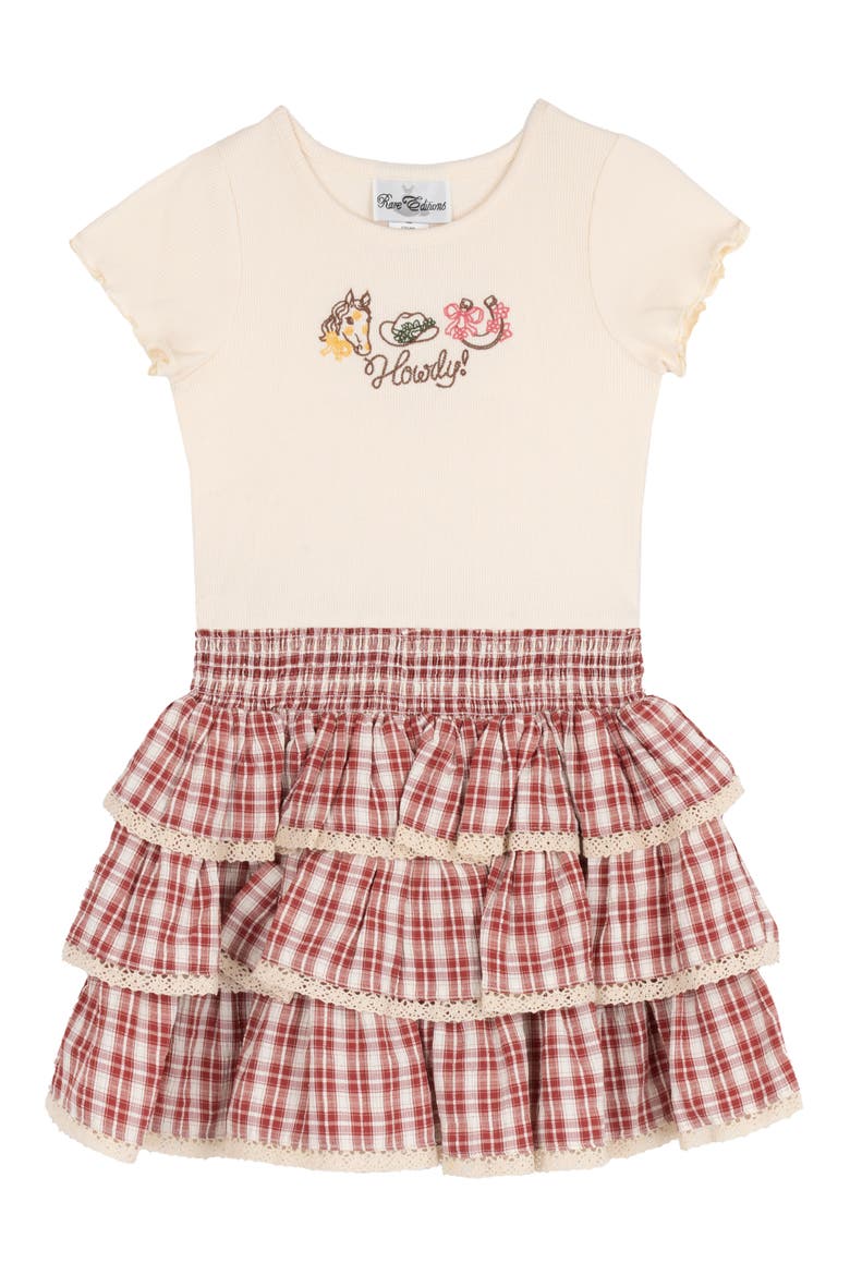 Kids' 3-Piece Faux Suede Fringe Jacket, Top & Plaid Skirt Set, Alternate, color, BEIGE
