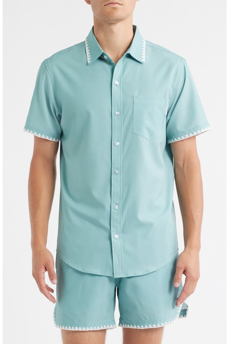 Crochet Trim Short Sleeve Performance Button-Up Shirt, Main, color, BLUE
