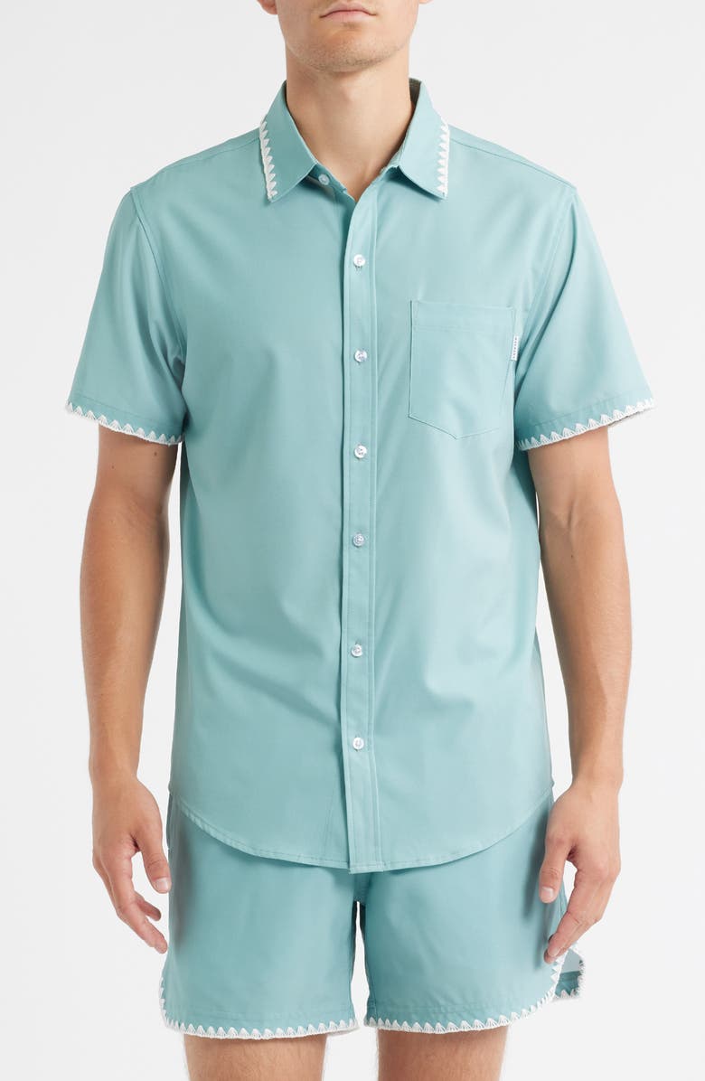 MAVRANS Crochet Trim Short Sleeve Performance Button-Up Shirt, Main, color, Blue