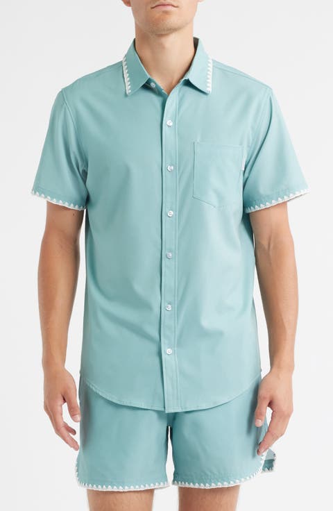 Crochet Trim Short Sleeve Performance Button-Up Shirt