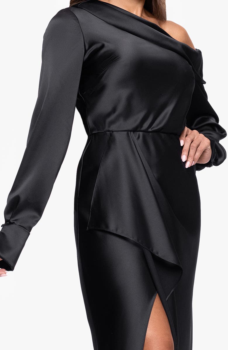 Xscape Evenings Off the Shoulder Long Sleeve Satin Gown, Alternate, color, Black