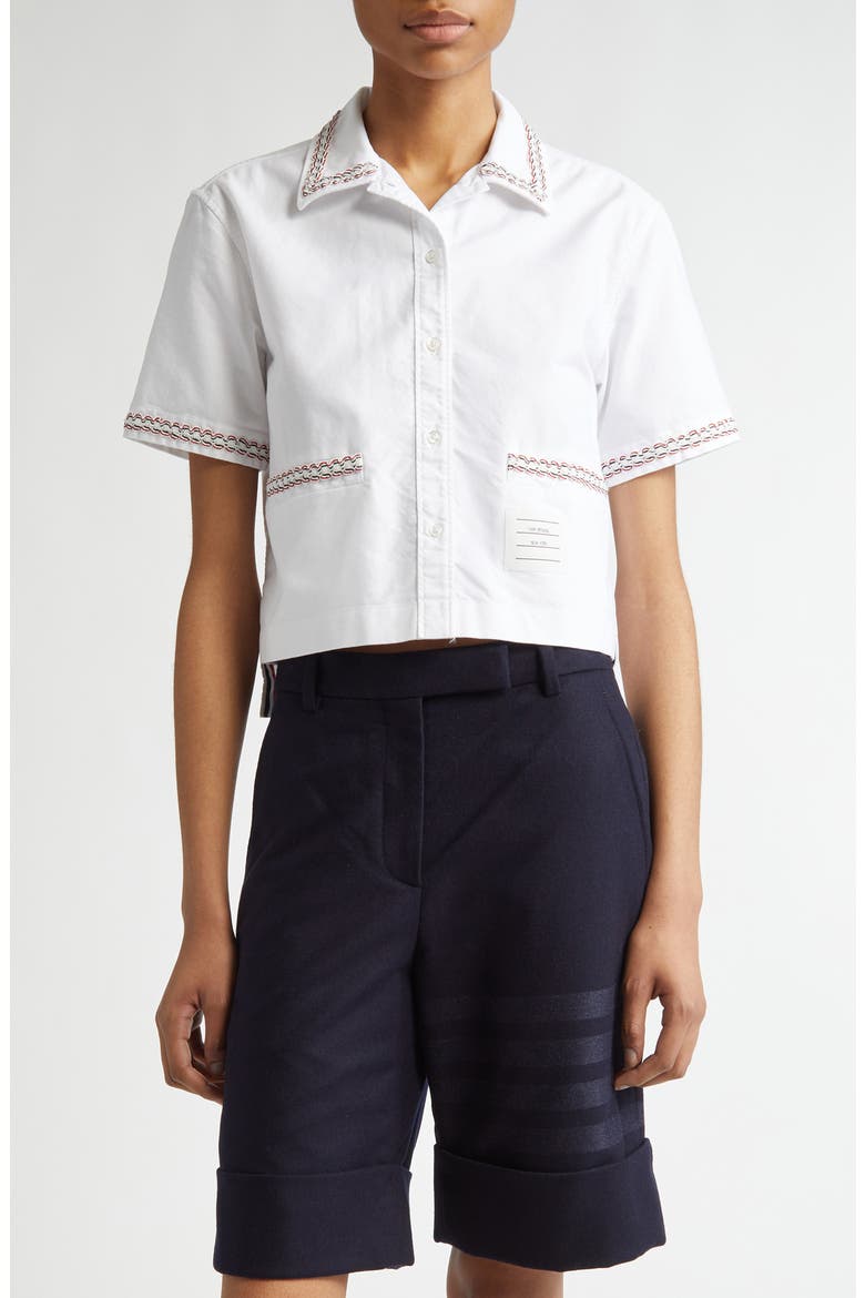 Drop Back Crop Short Sleeve Cotton Button-Up Shirt, Main, color, WHITE