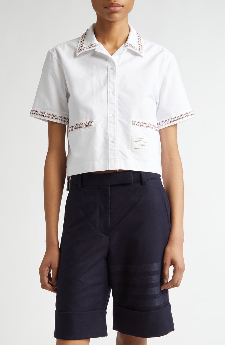 Thom Browne Drop Back Crop Short Sleeve Cotton Button-Up Shirt, Main, color, 