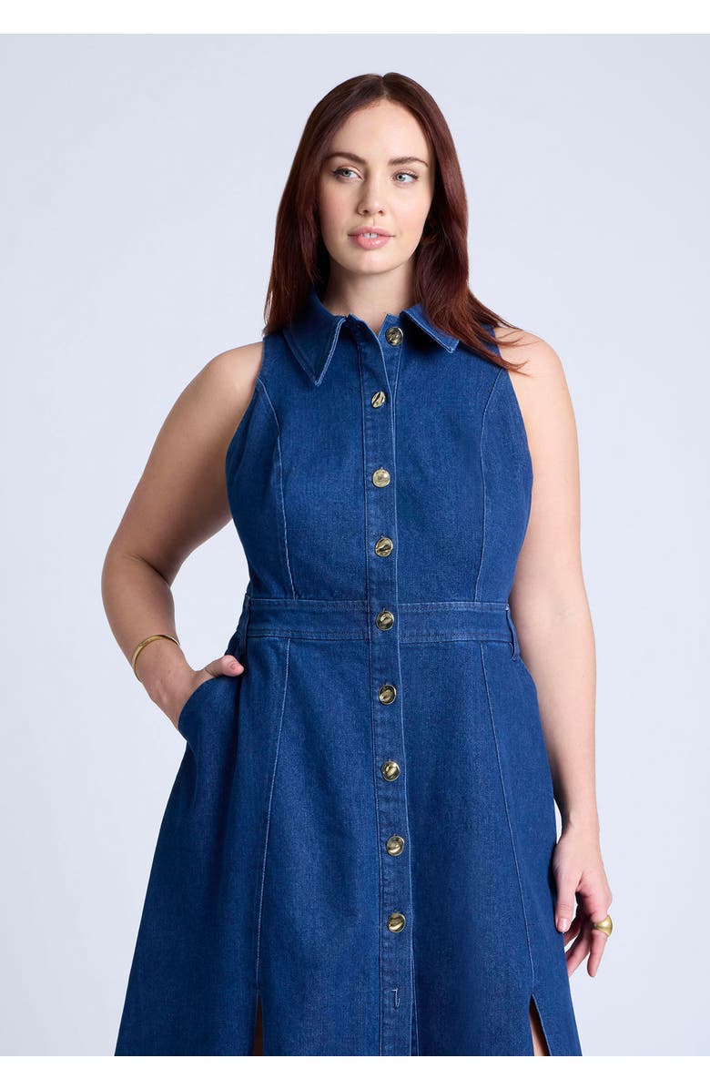 ELOQUII Sleeveless Denim Midi Dress, Alternate, color, Medium Wash