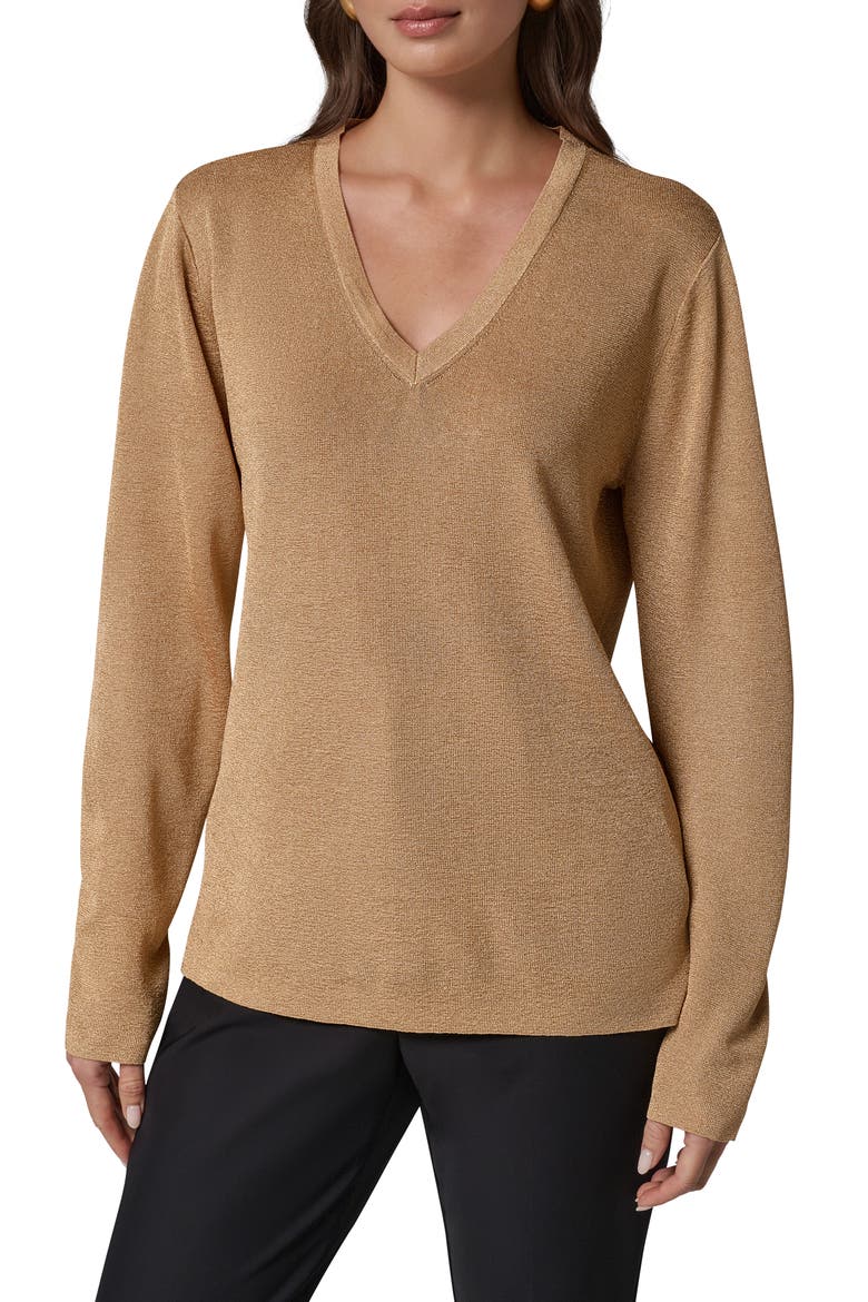 Metallic V-Neck Rib Sweater, Main, color, GOLD