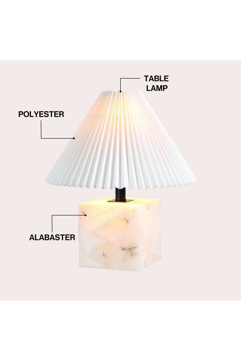 Hermin Contemporary Minimalist Geometric Sculptural Alabaster Cube Metal LED Table Lamp with Nightlight Base and Pleated Shade, Alternate, color, White