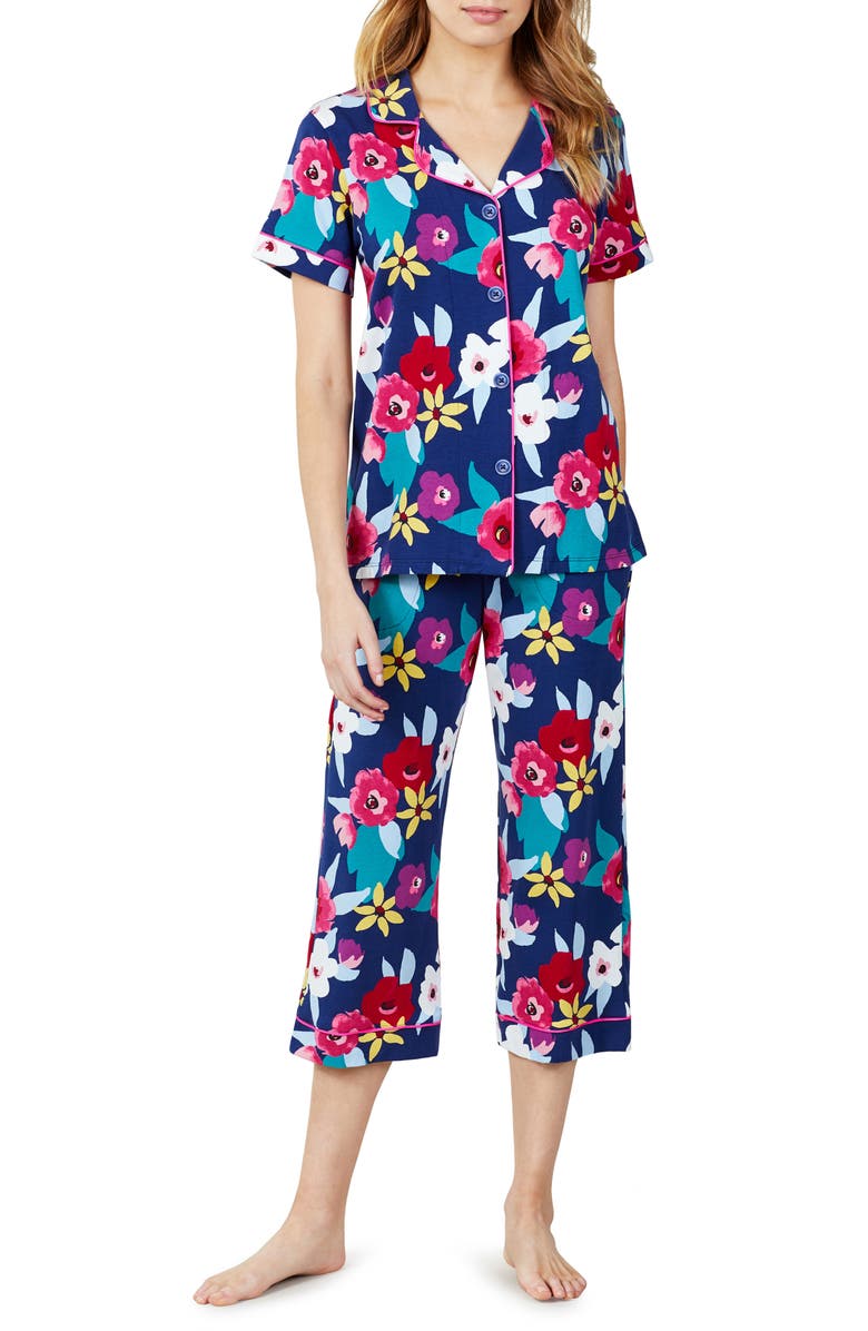BedHead Pajamas Navy Shadow Blossom Organic Cotton Crop Pajamas, Main, color, 