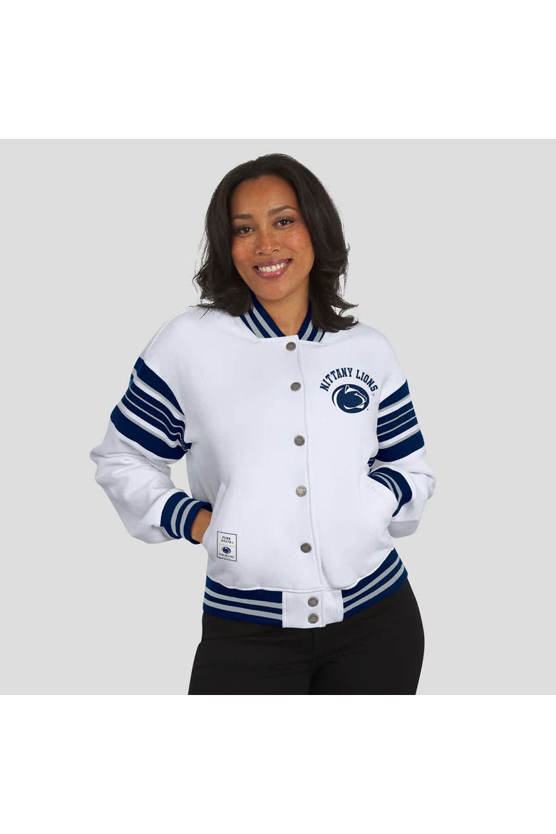 Women's WEAR by Erin Andrews White/Navy Penn State Nittany Lions Satin Stitch Full-Snap Fleece Sweatshirt Jacket, Alternate, color, White