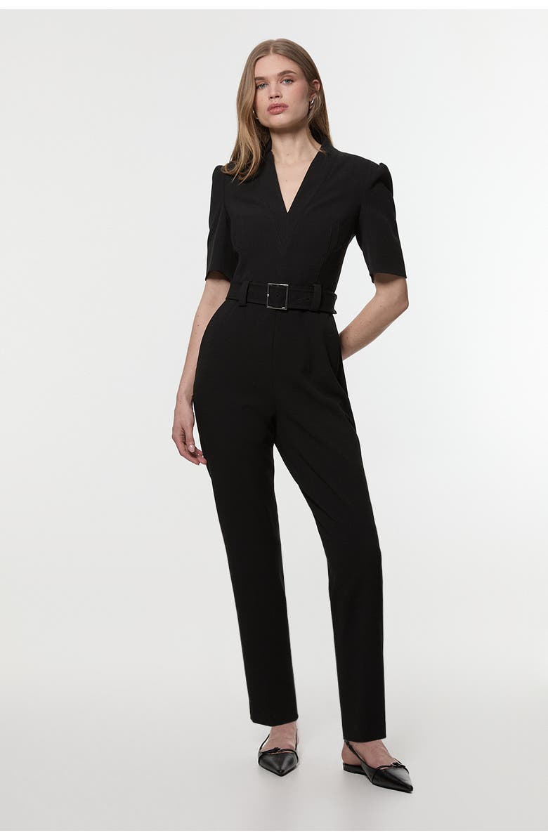 Karen Millen Structured Crepe Forever Belted Jumpsuit, Main, color, Black