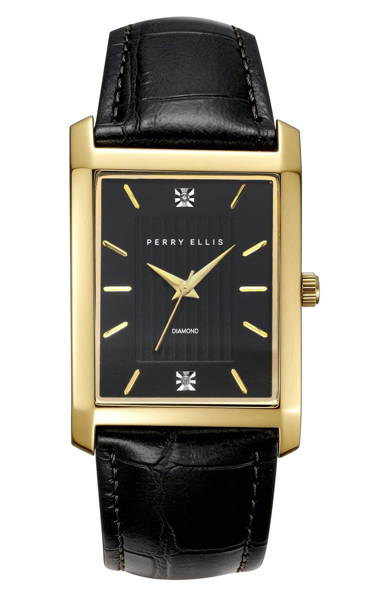 perry様 Perry Ellis Slim Rectangular Diamond Leather Strap Watch, 31mm x