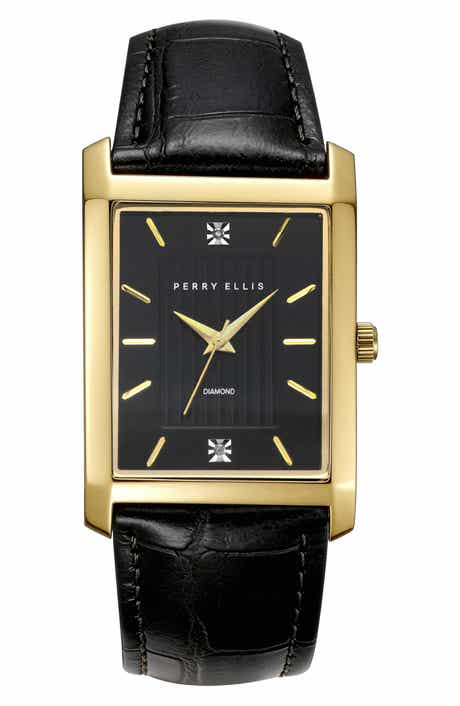 Perry Ellis Slim Rectangular Diamond Leather Strap Watch, 31mm x 40mm