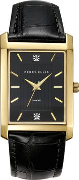 Perry Ellis Slim Rectangular Diamond Leather Strap Watch, 31mm x 40mm