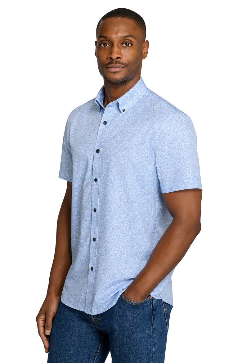 Slim Fit Sketched Floral Woven Short Sleeve Basic Shirt, Alternate, color, LT BLUE