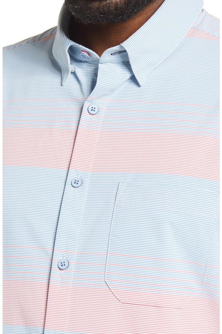 Leeward Trim Fit Stripe Short Sleeve Button-Up Performance Shirt, Alternate, color, BLUE RED STRIPE