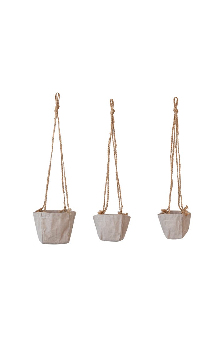 Round Jute and Cotton Hanging Planters, Set of 3, Main, color, Natural