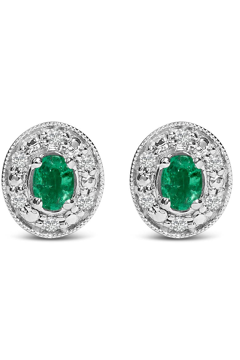 14K White Gold Oval Green Emerald and 1/10 Ct Diamond Halo Stud Earrings, Main, color, White