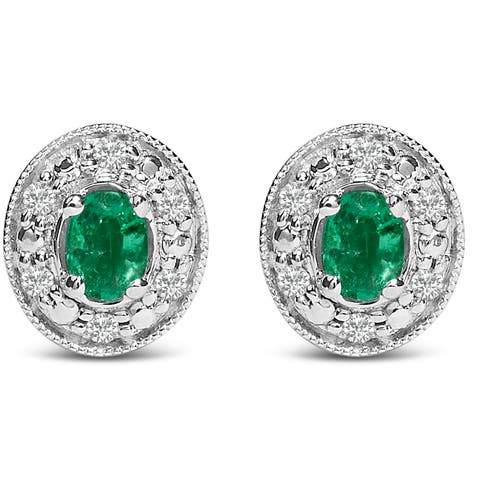 14K White Gold Oval Green Emerald and 1/10 Ct Diamond Halo Stud Earrings