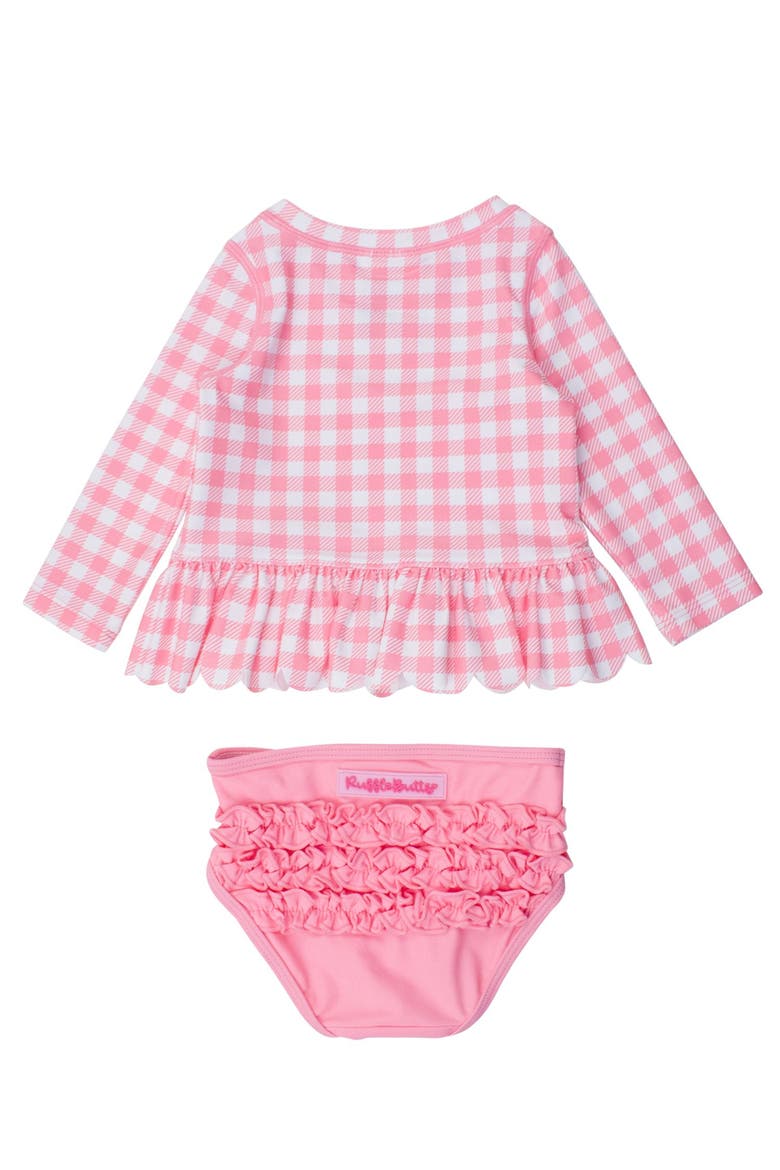 Girls UPF50+ Sun Protected Scallop Hem Long Sleeve Rash Guard Bikini, Alternate, color, Bubblegum Pink Gingham