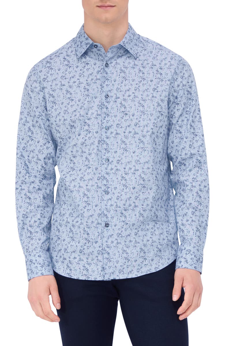 Bugatchi Julian Shaped Fit Print Button-Up Shirt, Main, color, Sky