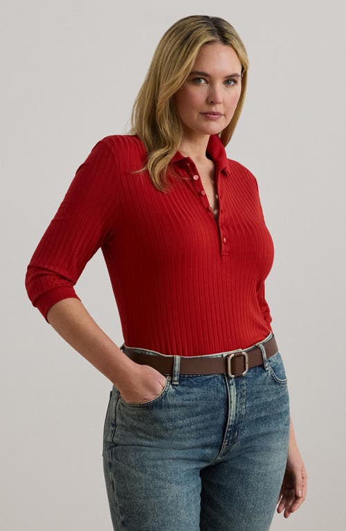 Ralph Lauren Rib-knit Three-quarter-sleeve Polo Shirt In Red