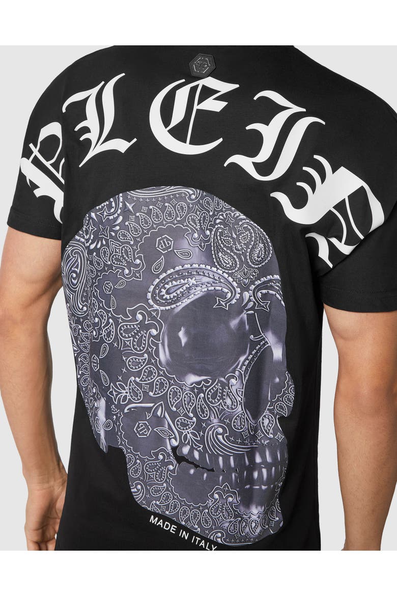 T-Shirt Round Neck Paisley Men, Alternate, color, black/white