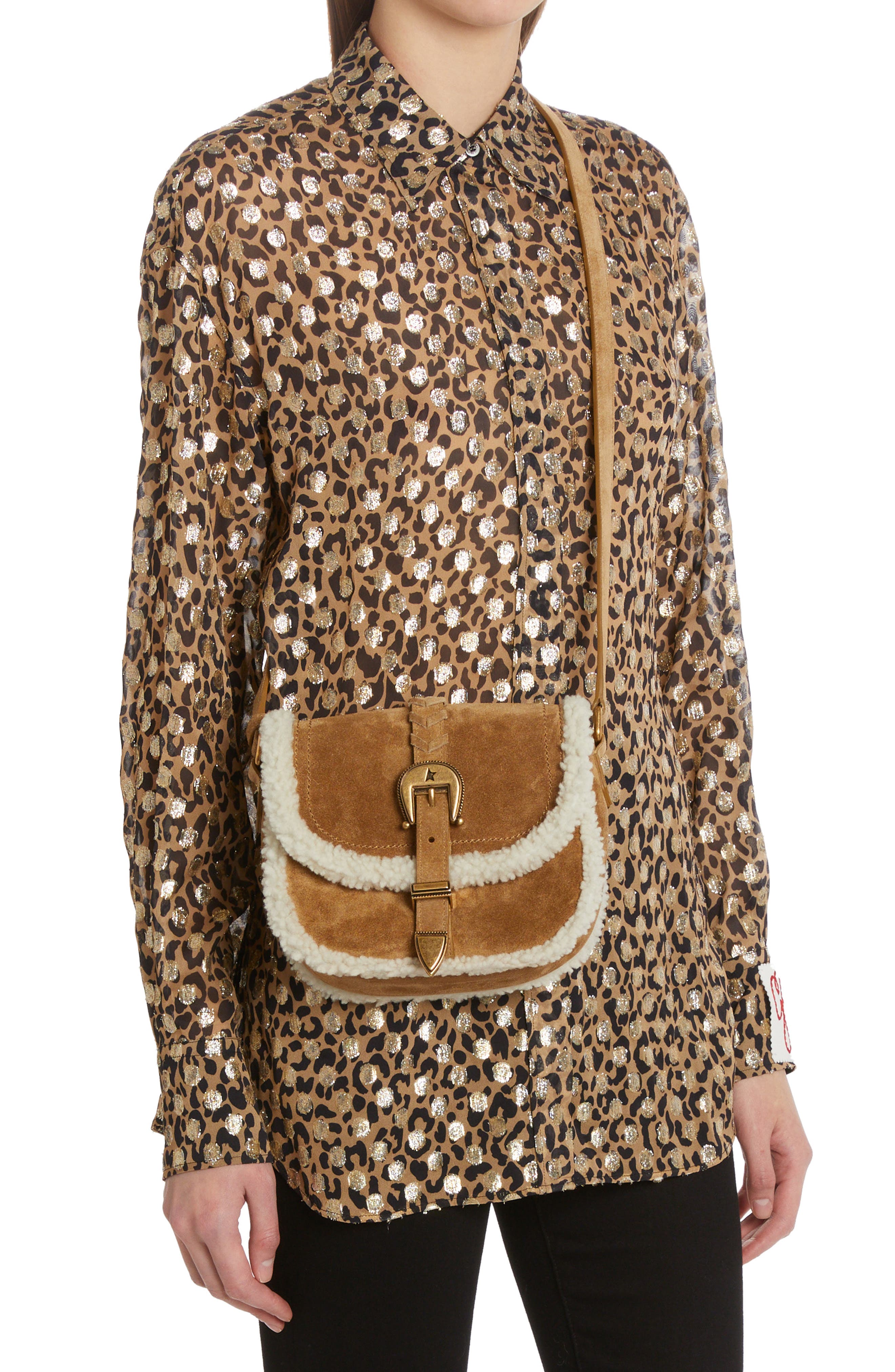 Golden Goose Small Rodeo Genuine Shearling Trim Suede Saddle Bag, Alternate, color, 