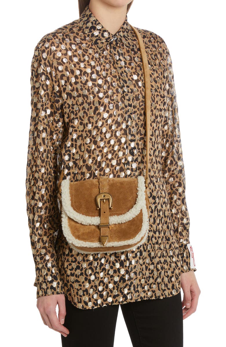Golden Goose Small Rodeo Genuine Shearling Trim Suede Saddle Bag, Alternate, color,