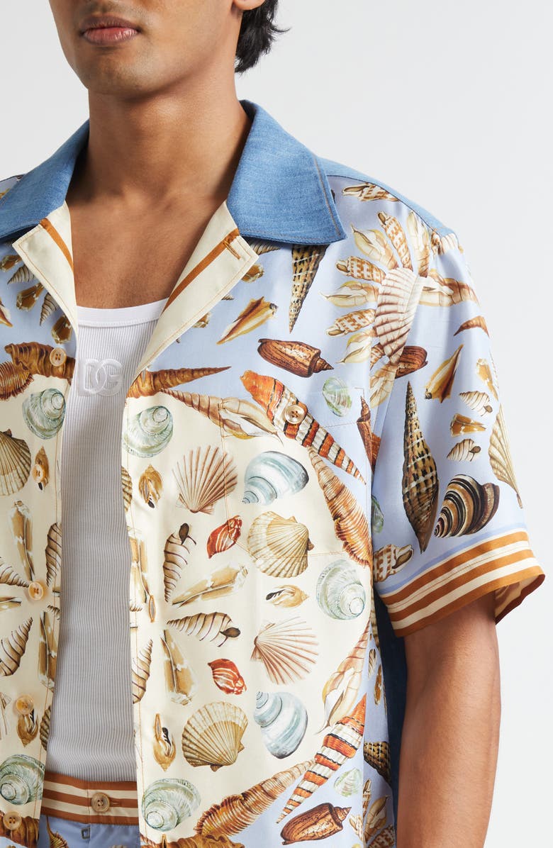 Dolce&Gabbana Seashell Print Mixed Media Camp Shirt, Alternate, color, S9001 Variante Abbinata
