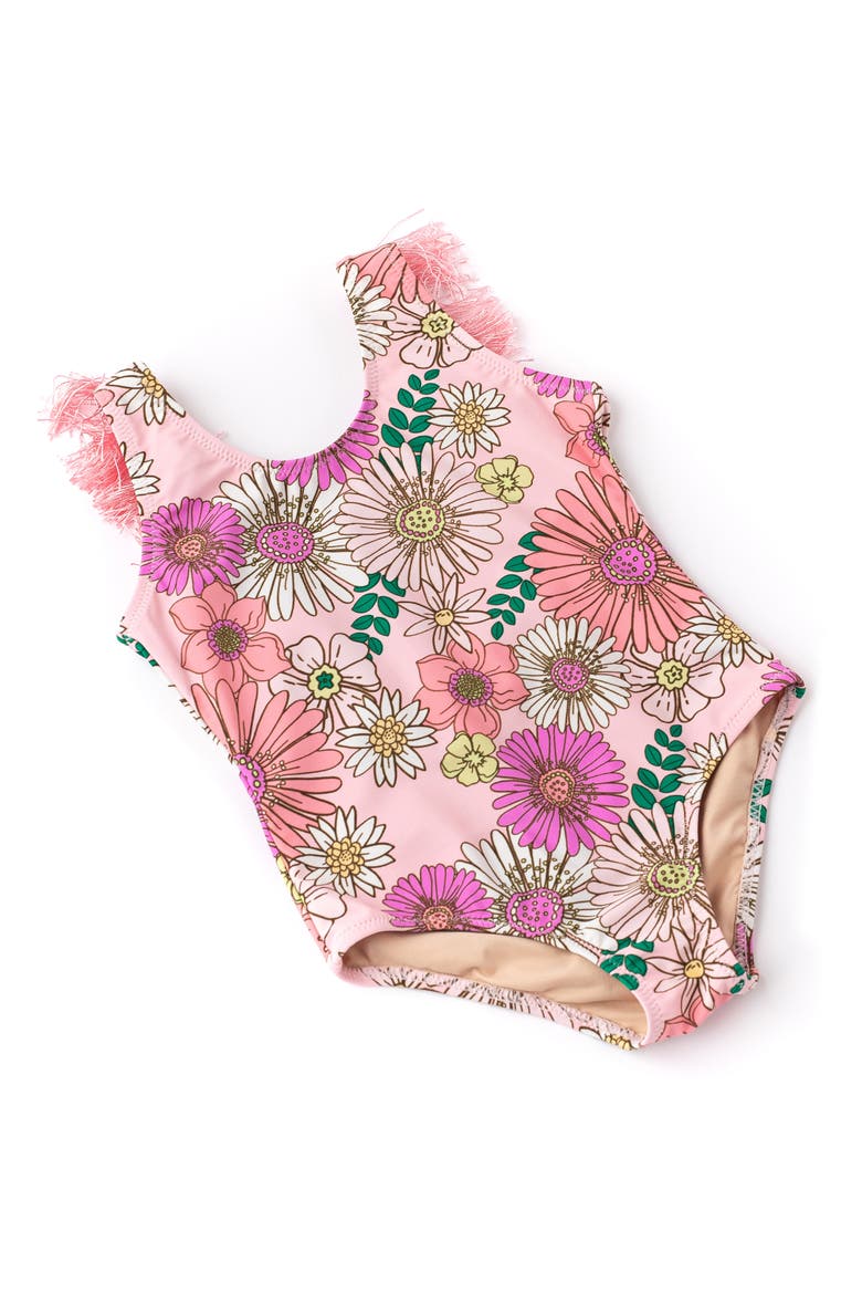 Kids' Retro Blossom Fringe Back One-Piece Swimsuit, Alternate, color, PINK