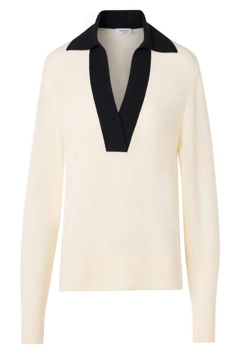 Cool Virgin Wool Mesh Polo Sweater, Alternate, color, IVORY-BLACK